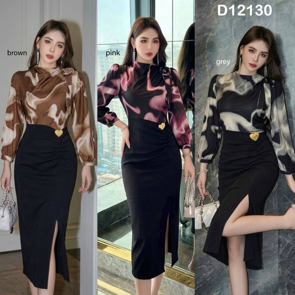 Rosie Printed Silk Bodycon Slit Dress / Dress Wanita Cantik Modis Bunga 3D