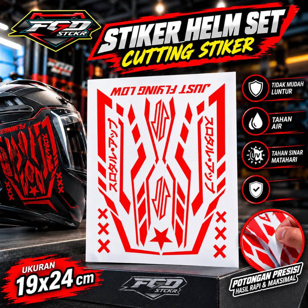 Stiker Helm Keren SET Merah Cutting Sticker Just Flying Low Set Untuk Helm Motor Decal Vinyl Premium