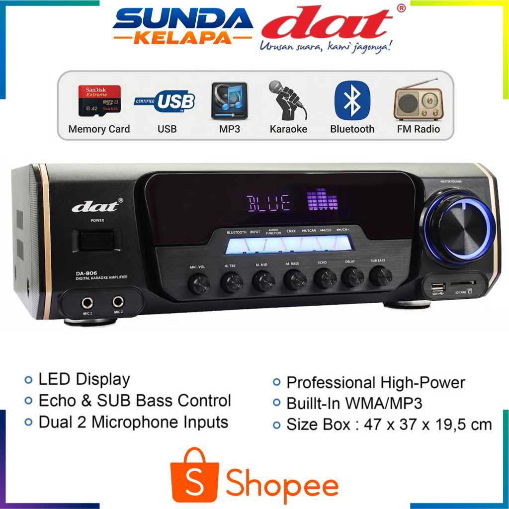 Amplifier DAT DA 806 Power Amplifier Karaoke Bluetooth Equaliser Amplifier Echo & Sub Bass Control