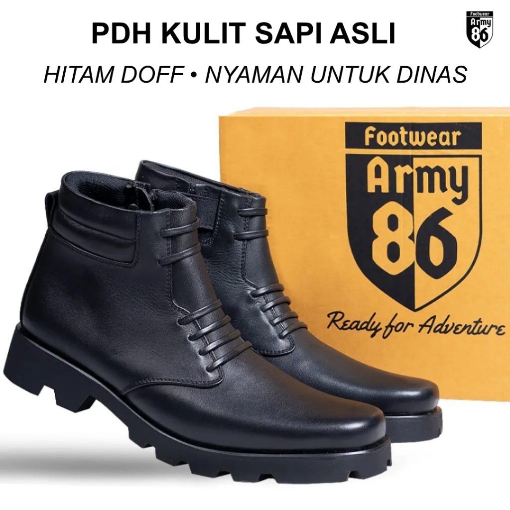 Army86 NAVY PDH Sepatu PDH Pria Kulit Sapi Hitam Doff Anti Slip untuk Seragam Dinas PDH TNI Polri Ku