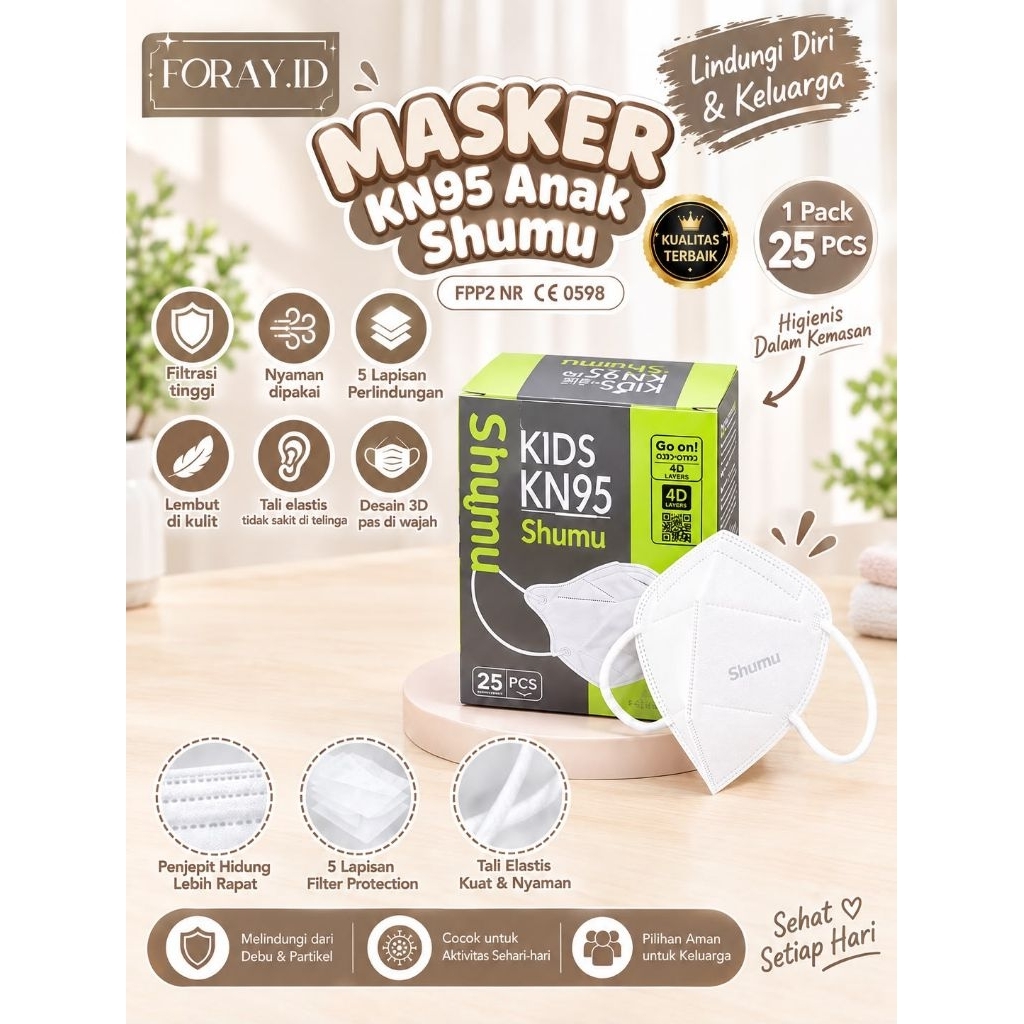 Masker anak Shumu anak kn95 Kn95 Pro Kids 5Ply isi 25pcs hitam/putih