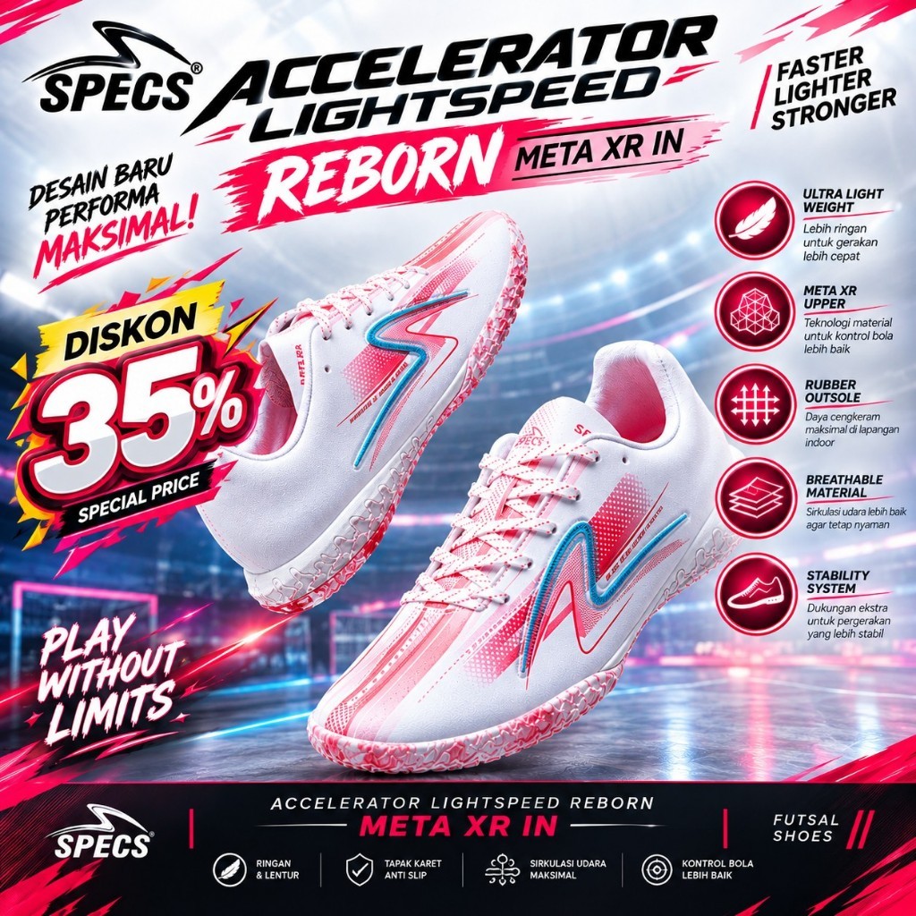 Specs Sepatu Futsal Accelerator Lightspeed Reborn Meta XR IN | Garuda Attack Blood Red LS Reborn Pri