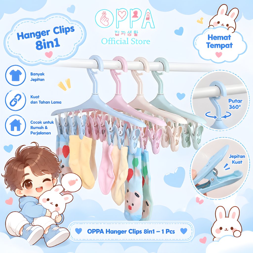 OPPA - Hanger Jepitan 8in1 – Gantungan Jemur Serbaguna untuk Kaos Kaki, CD, Bra, dan Pakaian Kecil