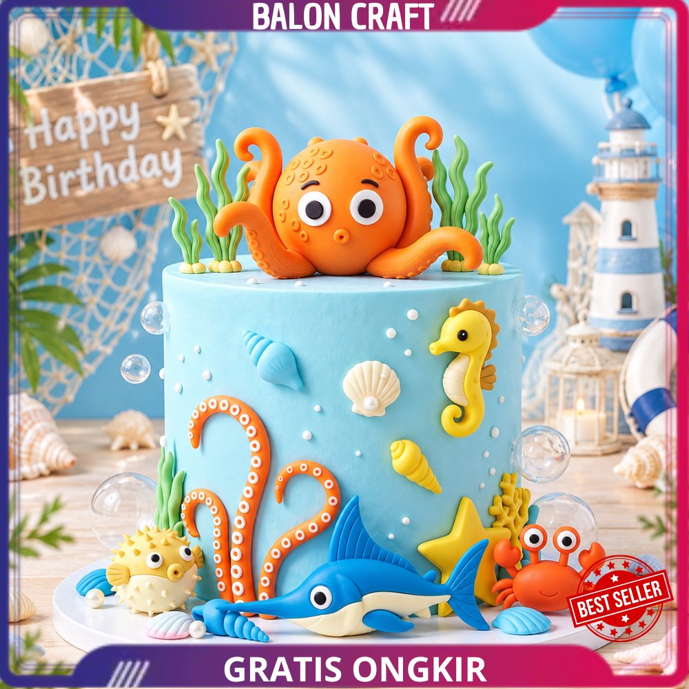 Cake Topper Hewan Laut Paus 3D Bintang Laut Kerang Topper Kue Ulang Tahun Anak-Anak.