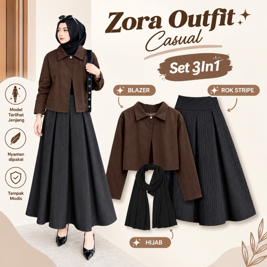 Oneset Hijab Wanita Modern 3in1 | Zora Blazer Mahoghany + Rok Salur Stripe + Hijab Pashmina | Setela