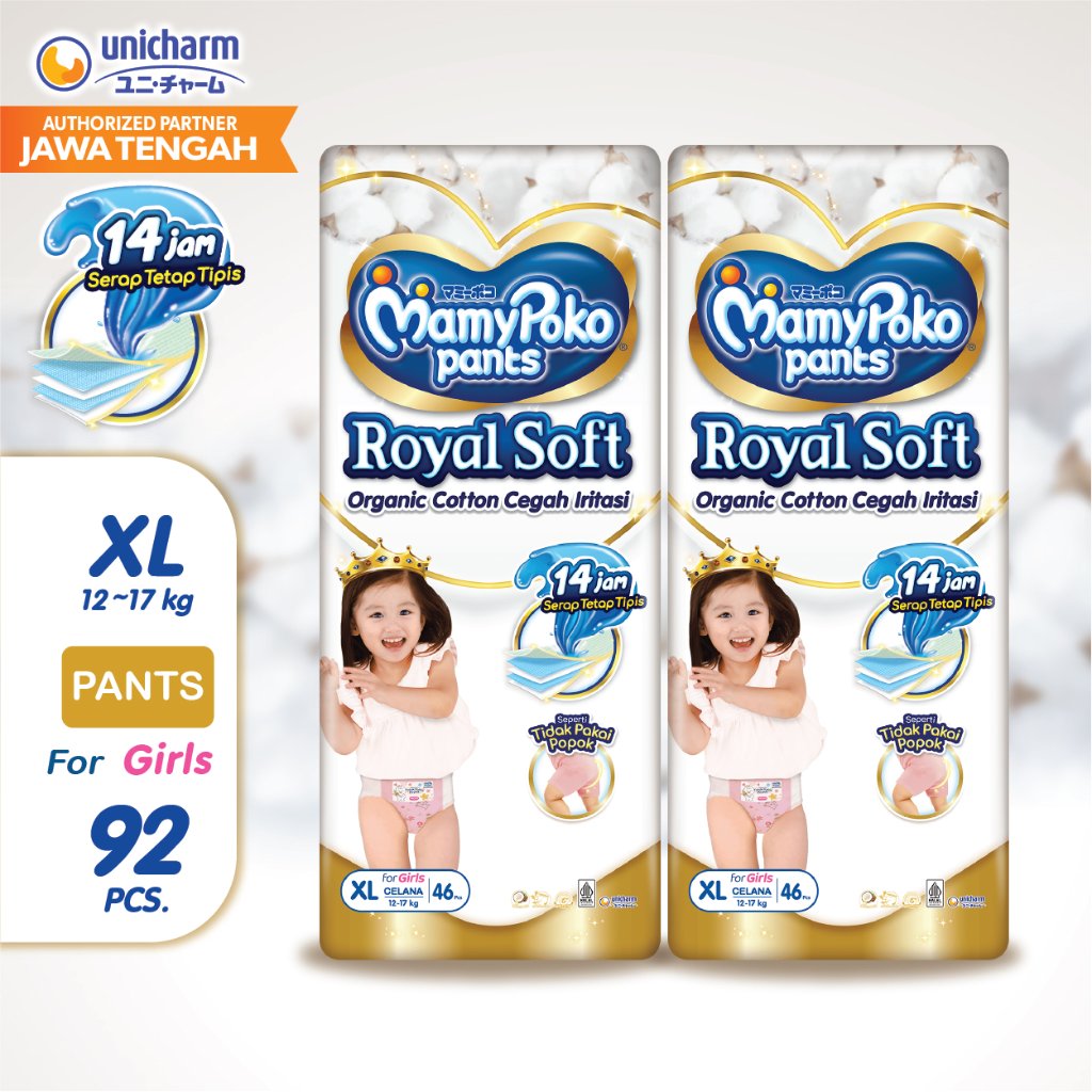 [ 2 BALL ] MamyPoko Pants Royal Soft Organic Cotton - XL 46 - Girls - Popok Celana - 2 Packs