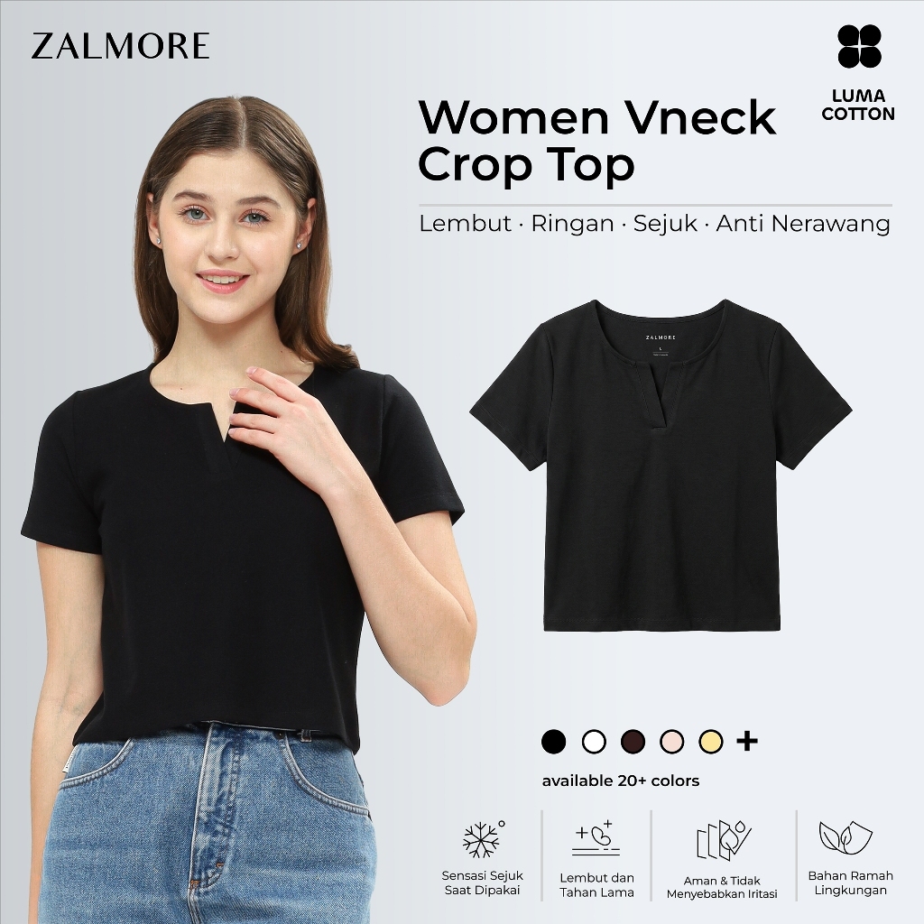 Zalmore Women Vneck Crop Top | LUMA Cotton™ Premium - Kaos Wanita Lembut Ringan Sejuk Anti Nerawang