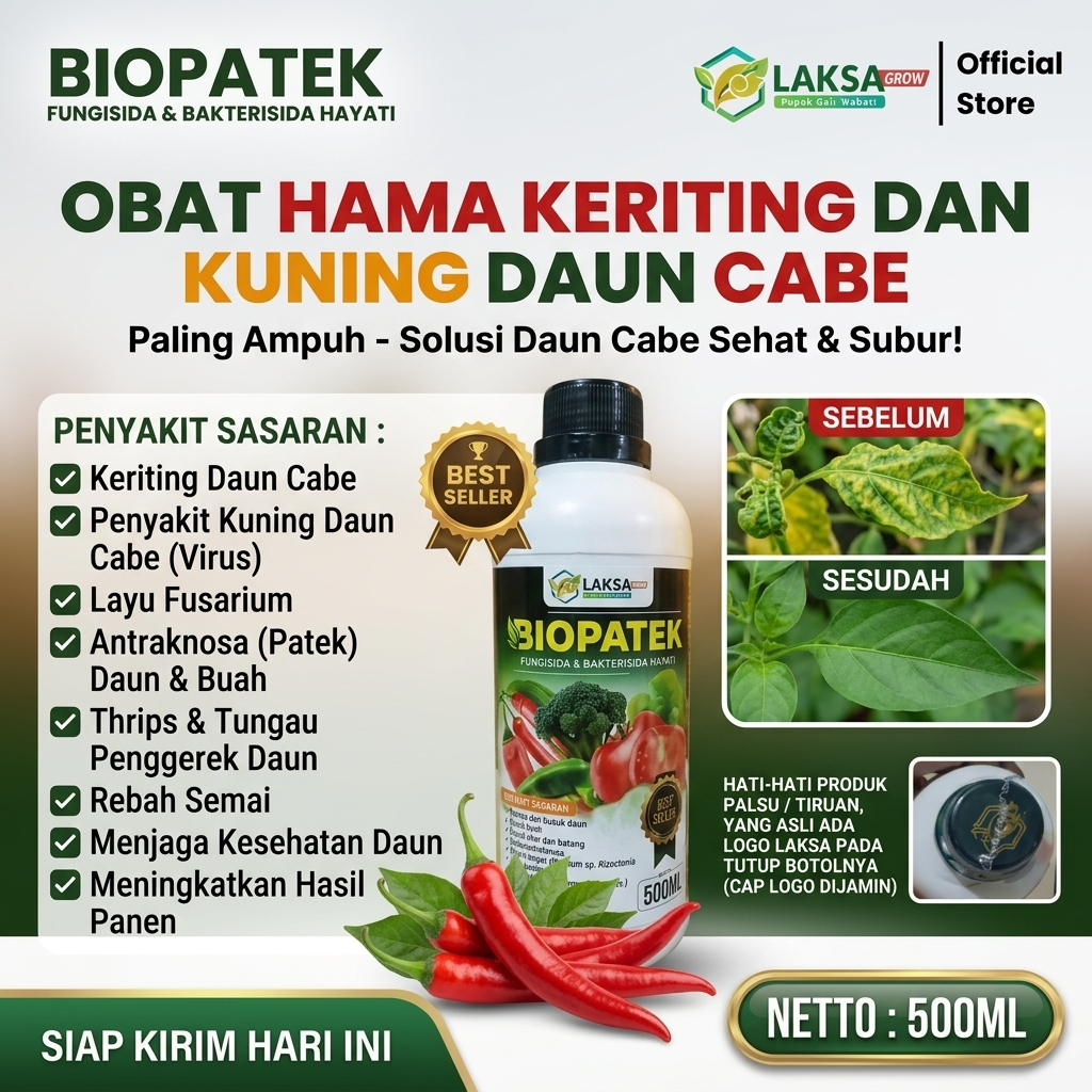BIOPATEK obat hama keriting daun cabe paling ampuh -  obat hama keriting daun kuning cabe terlaris -