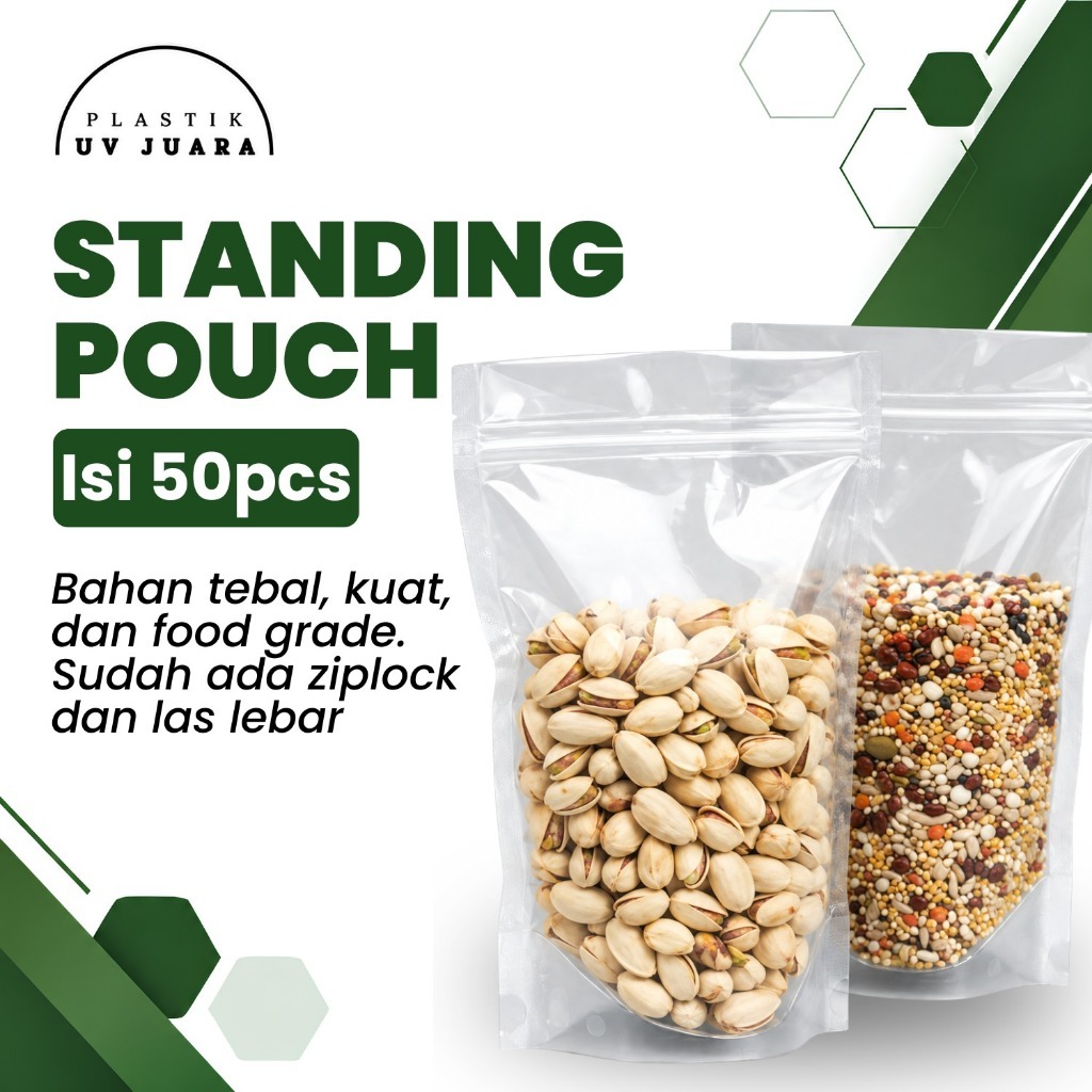 Kemasan Plastik Standing Pouch 50 Lembar - Desain Praktis, dengan Ziplock, Transparan