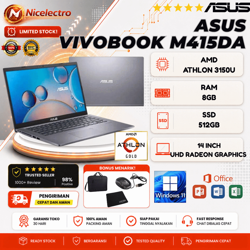 LAPTOP ASUS VIVOBOOK M415DA AMD ATHLON GOLD 3150U RAM 8GB SSD 512GB 14 INCH HD FINGERPRINT BACKLIT  