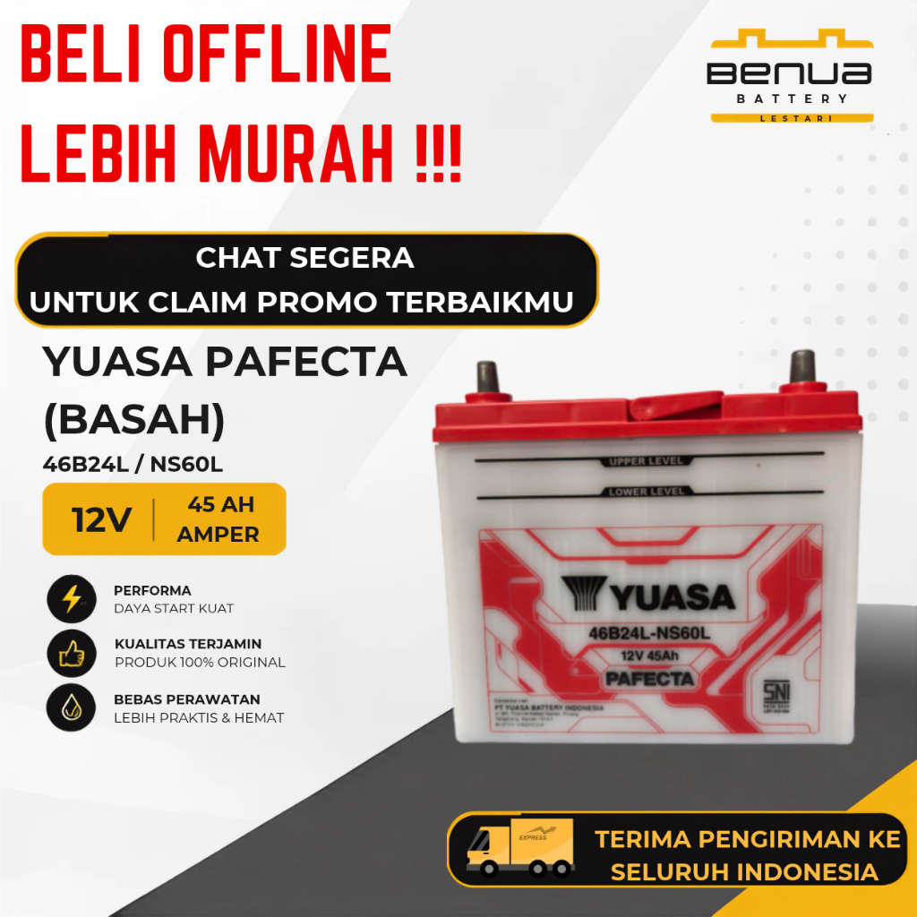 Aki Yuasa PAFECTA BASAH 46B24L / Aki NS60L / Aki NS 60L / Aki Mobil 12V 45Ah Original Yuasa