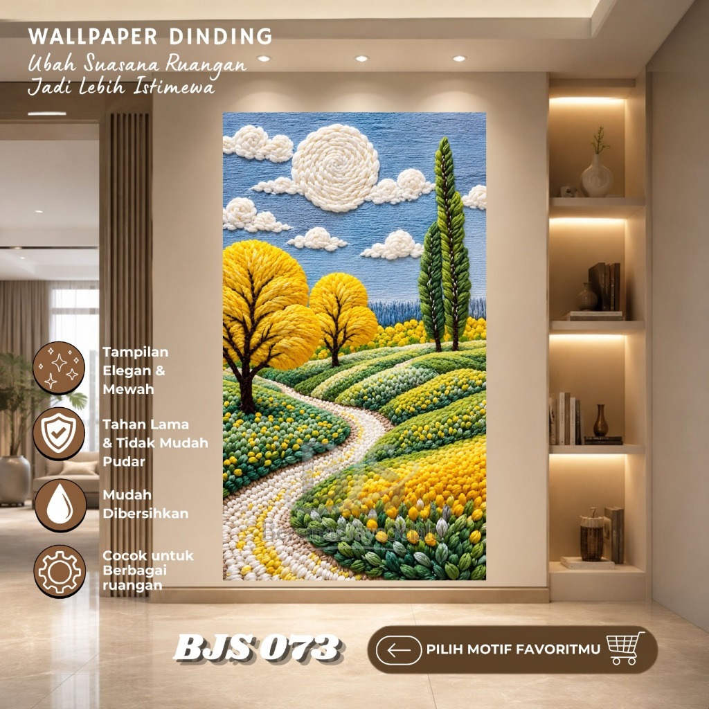 Wallpaper Dinding 3D Stiker Dinding Motif Pemandangan Bukit Bunga Kuning Tekstur Sulaman Relief Unik