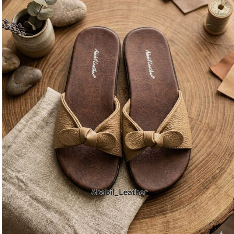 Sandal Flat Selop Wanita Model Pita Papirut Premium Asli Garut