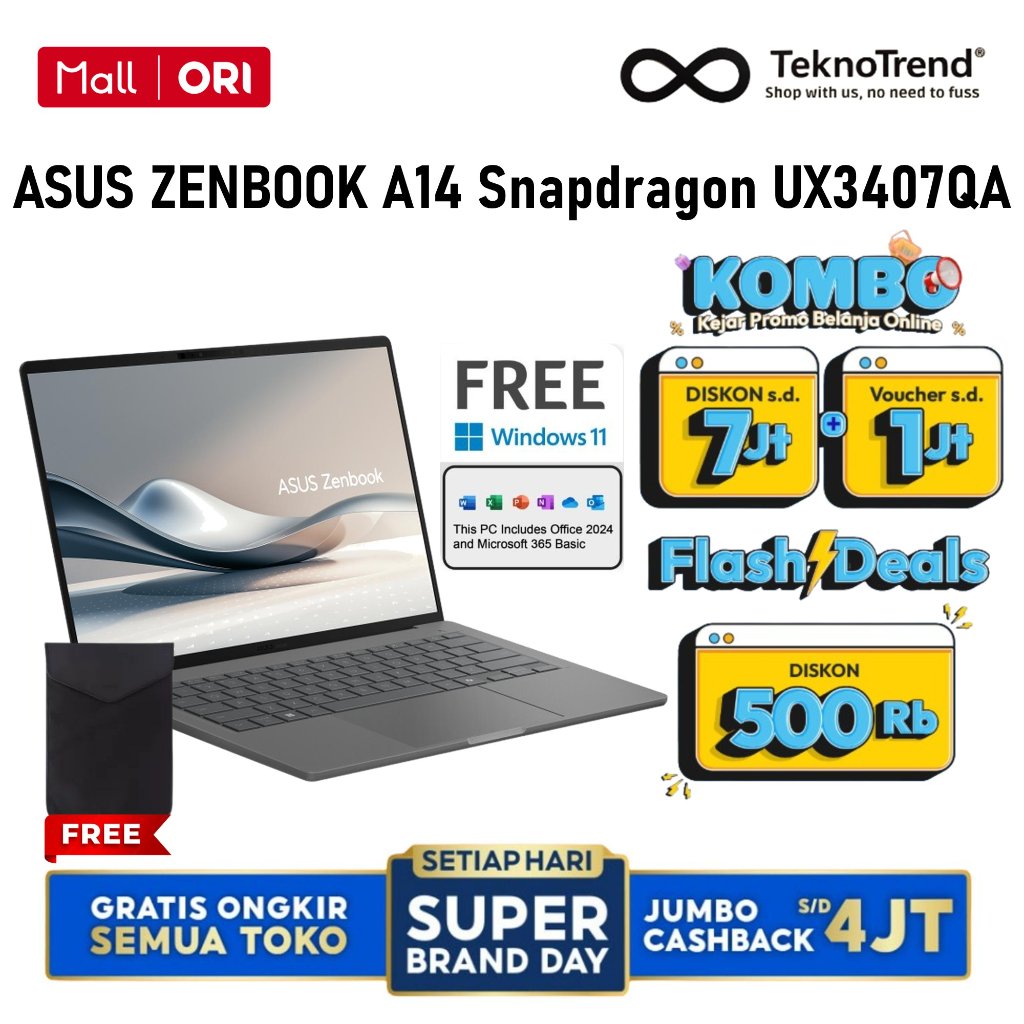 ASUS ZENBOOK A14 Snapdragon UX3407QA Snapdragon x Plus 16GB 1TB 512GB SSD Win11 OHS2024 14" WUXGA - 