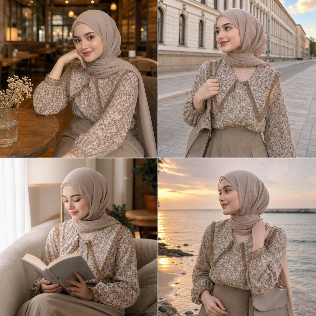 Kemeja Blouse Wanita Longgar Motif Bunga Vintage Lengan Panjang Kerah Lebar Renda Cokelat