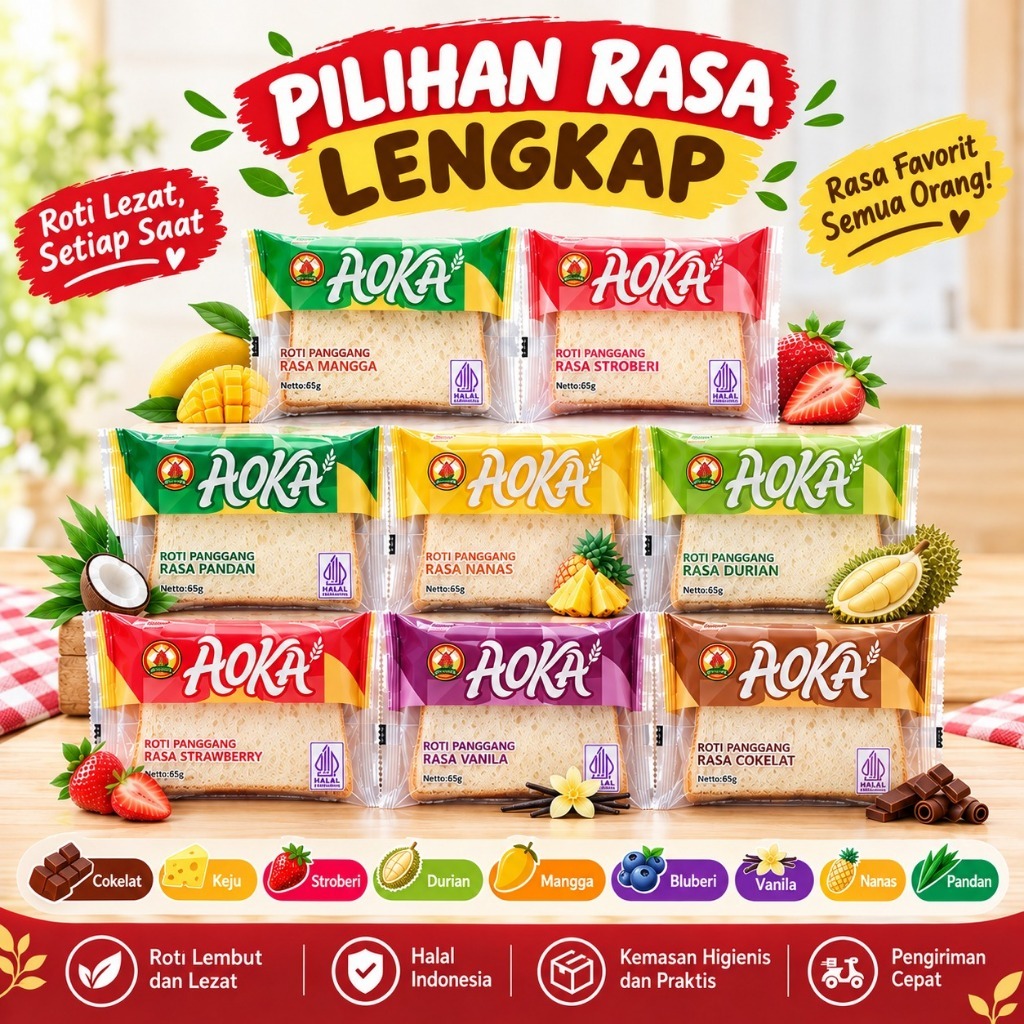 GROSIR Roti Aoka Panggang Murah 65g - Tersedia Semua Rasa