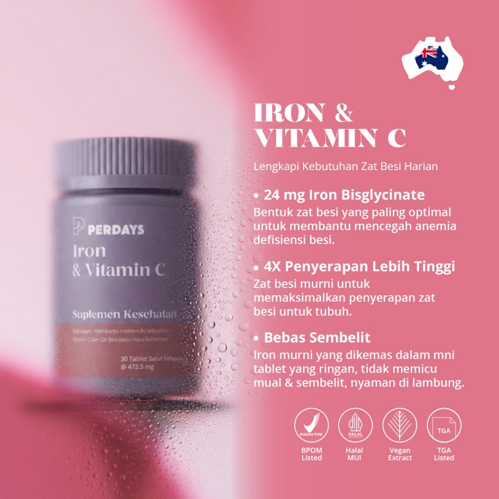 (HALAL & BPOM) Perdays Iron Zat Besi Mencegah Anemia & Vitamin C 30 Tablet | Bisa Untuk Ibu Hamil | 