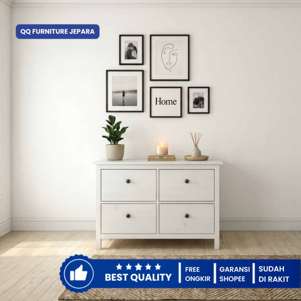 Lemari Bufet Laci Multipleks Putih Minimalis / Meja Credenza 4 Laci Tacosheet Aesthetic QQ Furniture