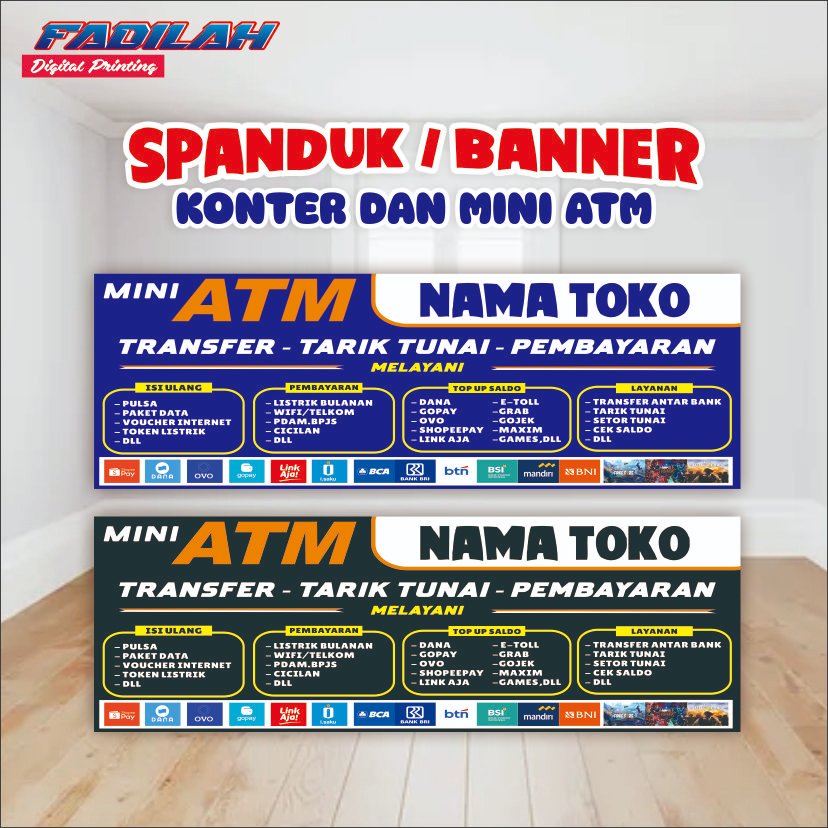 Spanduk Banner Konter Mini ATM Custom 3x1 Meter Bahan Flexy 200GSM Premium Gratis Nama dan Tulisan
