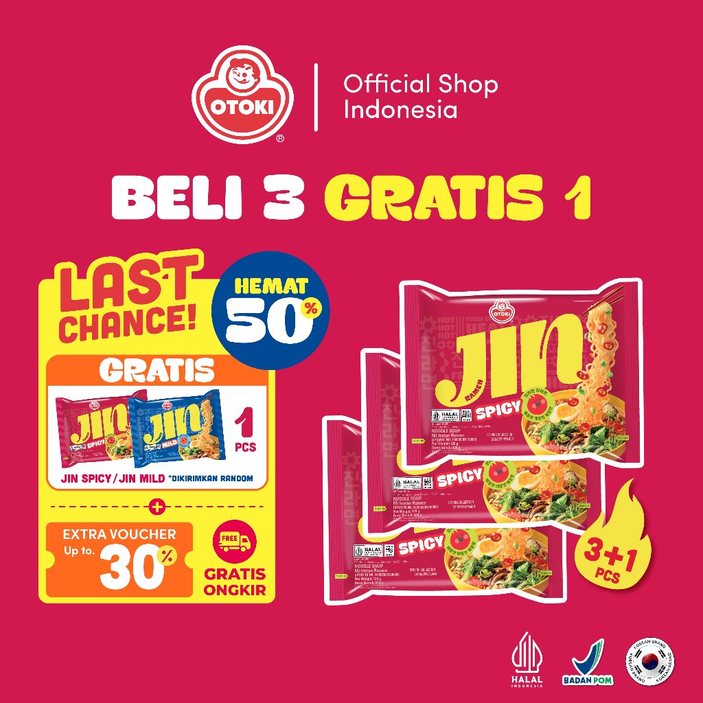 3 PCS - OTOKI Jin Ramen Spicy HALAL 120g  - Mie Instan Ramyeon Rasa Pedas | Mie Kuah Pedas | Mie Kor