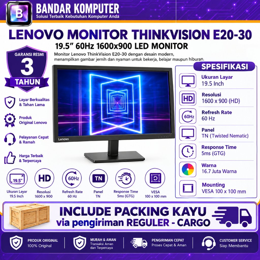 Lenovo ThinkVision E20-30 Monitor 19.5 Inc Anti-Glare Flicker Free