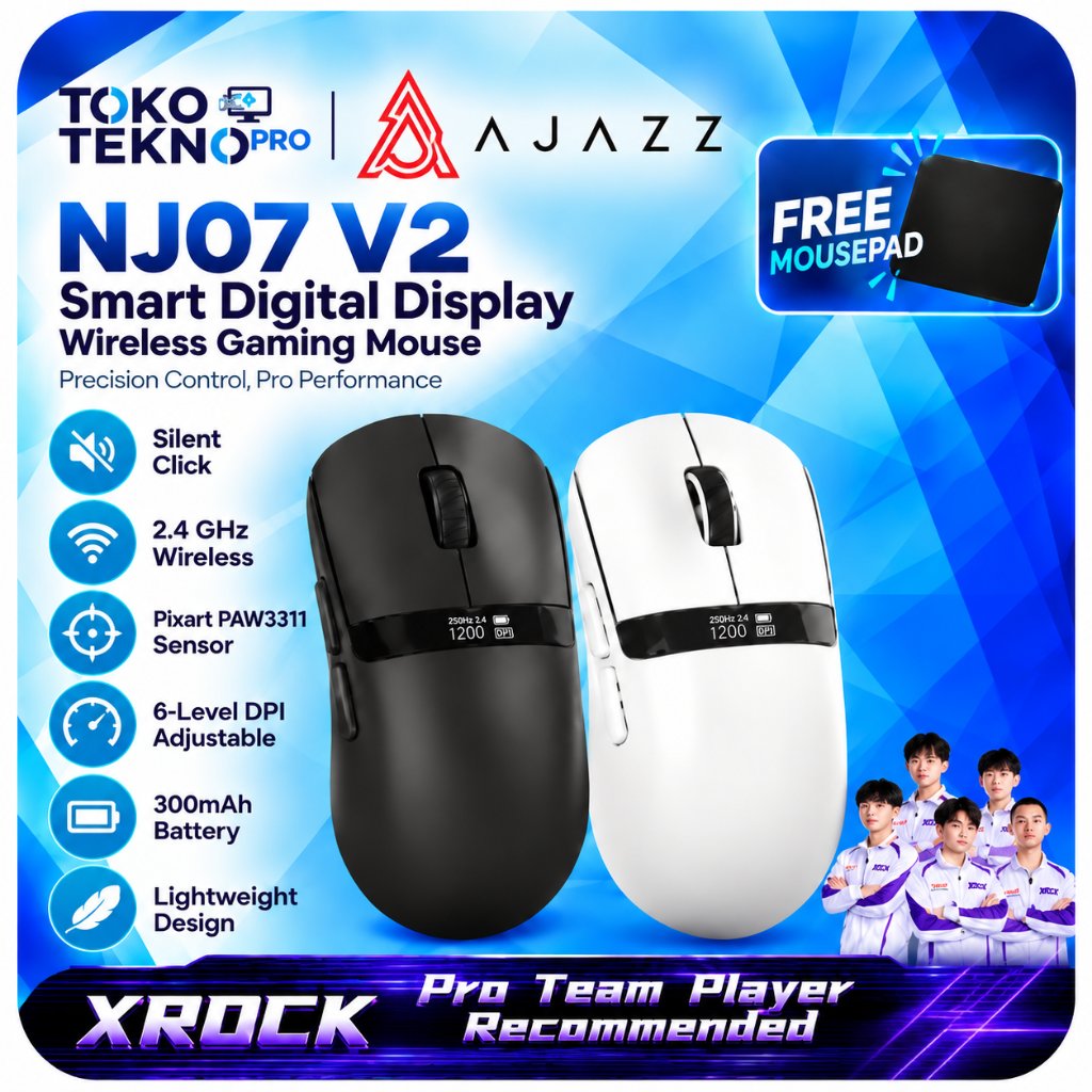 AJAZZ NJ07 / NJ-07 Gaming Mouse Wireless PAW3311 1000Hz Tri-Mode 3 Mode Bluetooth 2.4G USB Type-C Li