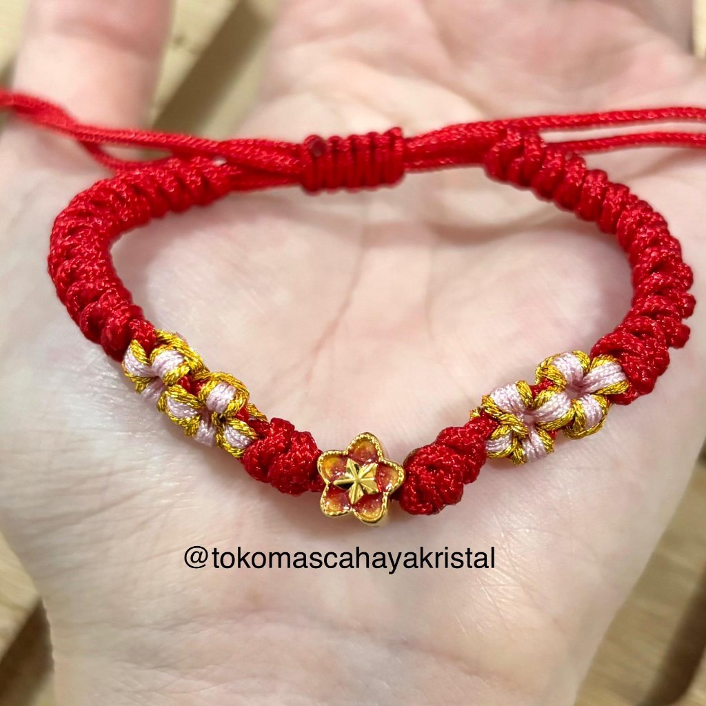 Gelang Tali Emas Charm Bunga Merah 24k - Gold Bracelet