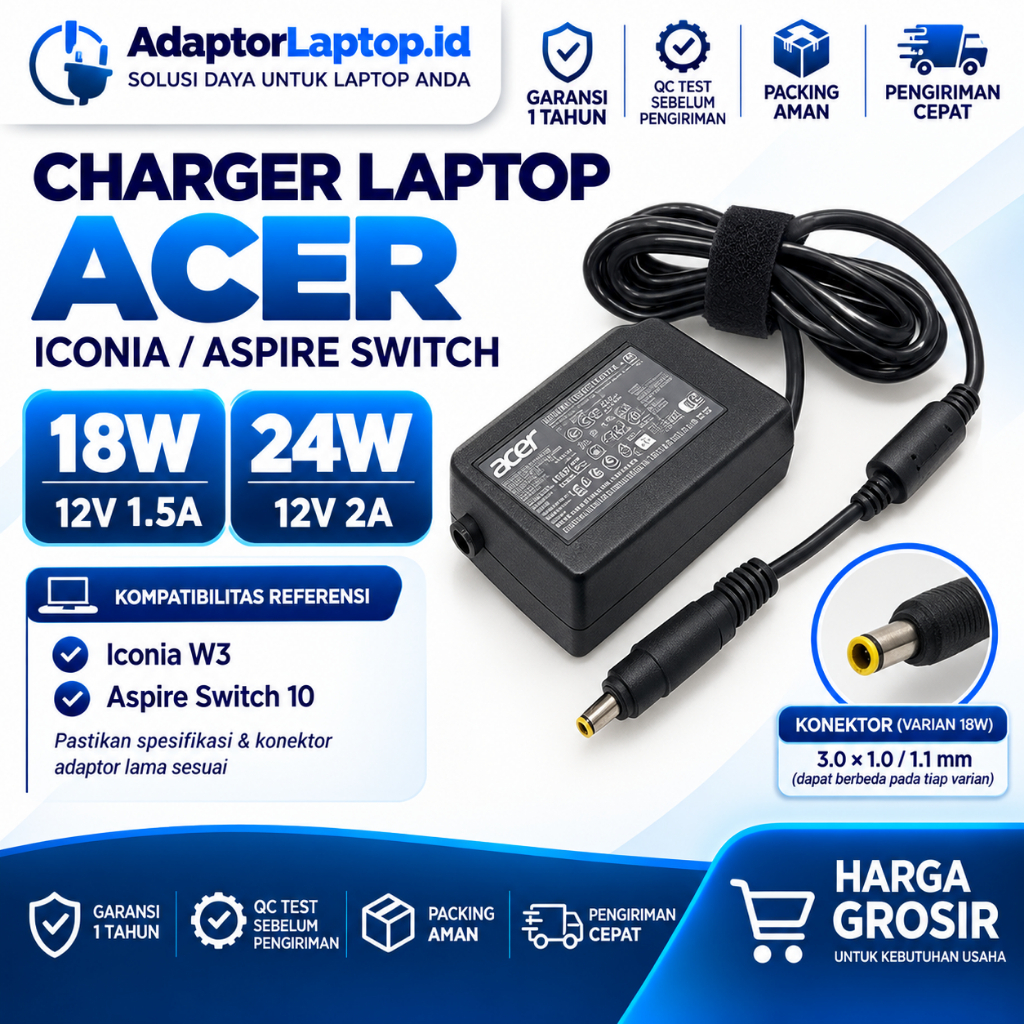 Adaptor Charger Laptop Acer 12V 1.5A 2A 18W 24W Iconia W3 W4 Aspire Switch Garansi 1 Tahun - Adaptor