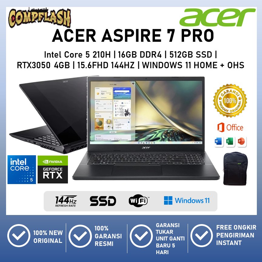 ACER ASPIRE 7 PRO A715 Intel i7 RTX 3050 16GB 512GB 15.6FHD 144Hz Hitam
