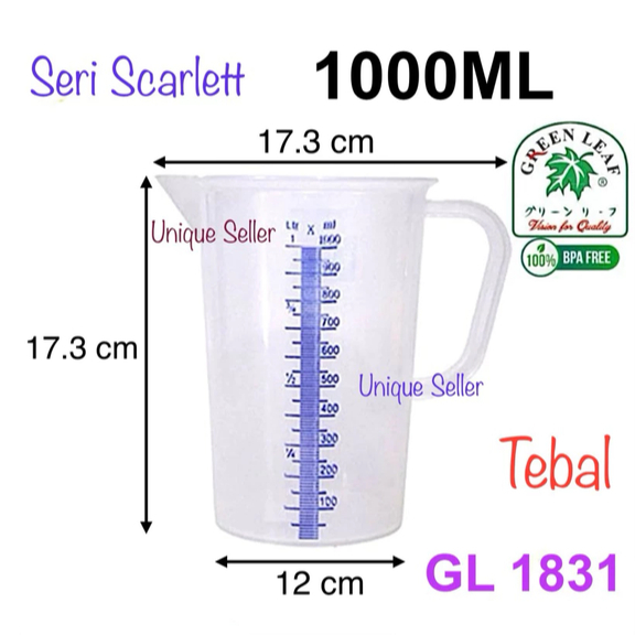 Gelas Takar 1 Liter Green Leaf 1831 Scarlett Plastik Tebal Gelas Ukur 1000 ML Takaran Measure Wadah 