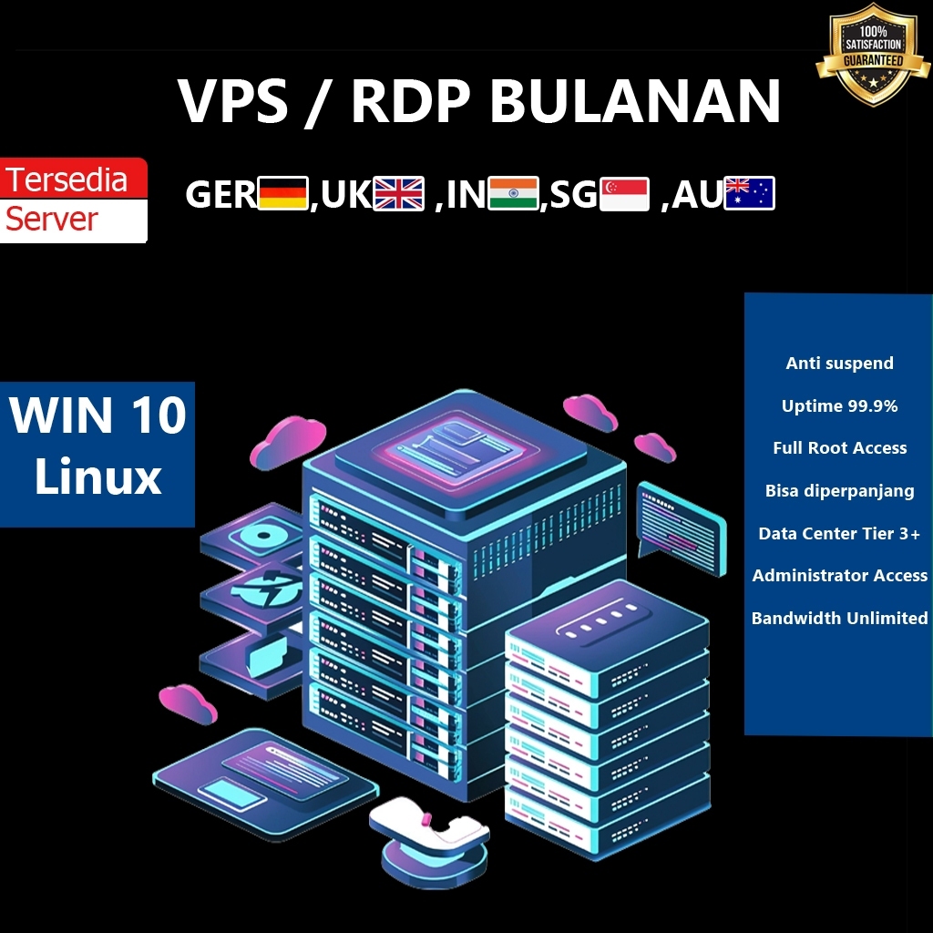 VPS RDP Bulanan Tersedia Server WIN 10 Linux GER UK IN SG AU Full Root Akses / Germany United Kingdo