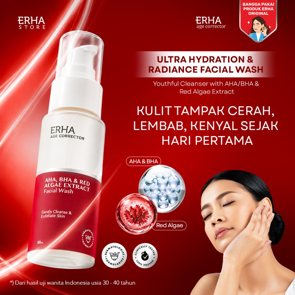 ERHA Age Corrector Ultra Hydration & Radiance Facial Wash 90ml Youthful Cleanser with AHA, BHA & Red