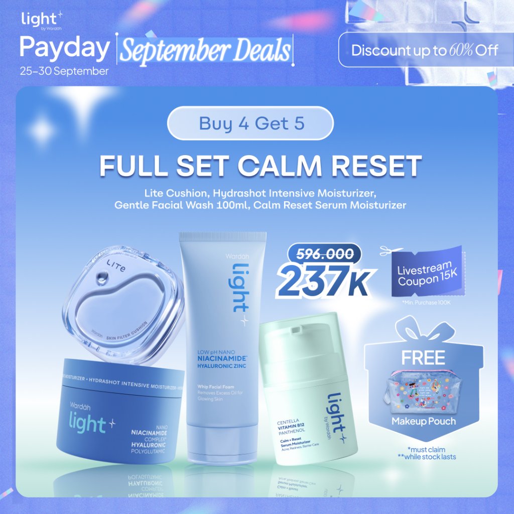 Lightplus by Wardah 4in1 Full Set Calm Reset Acne Serum Moisturizer, Lite Skin Filter Cushion, Gentl