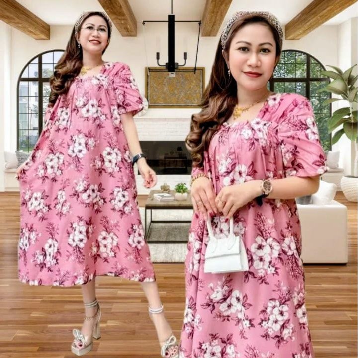 daster kerut dada lengan pendek motif  baru.