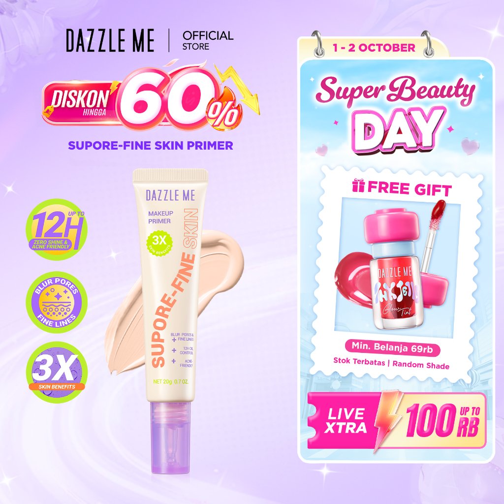 DAZZLE ME Supore-Fine Skin Makeup Primer Hasil Akhir Matte Memberikan Efek Cerah Pada Kulit Soothing dan Hydrating Booster