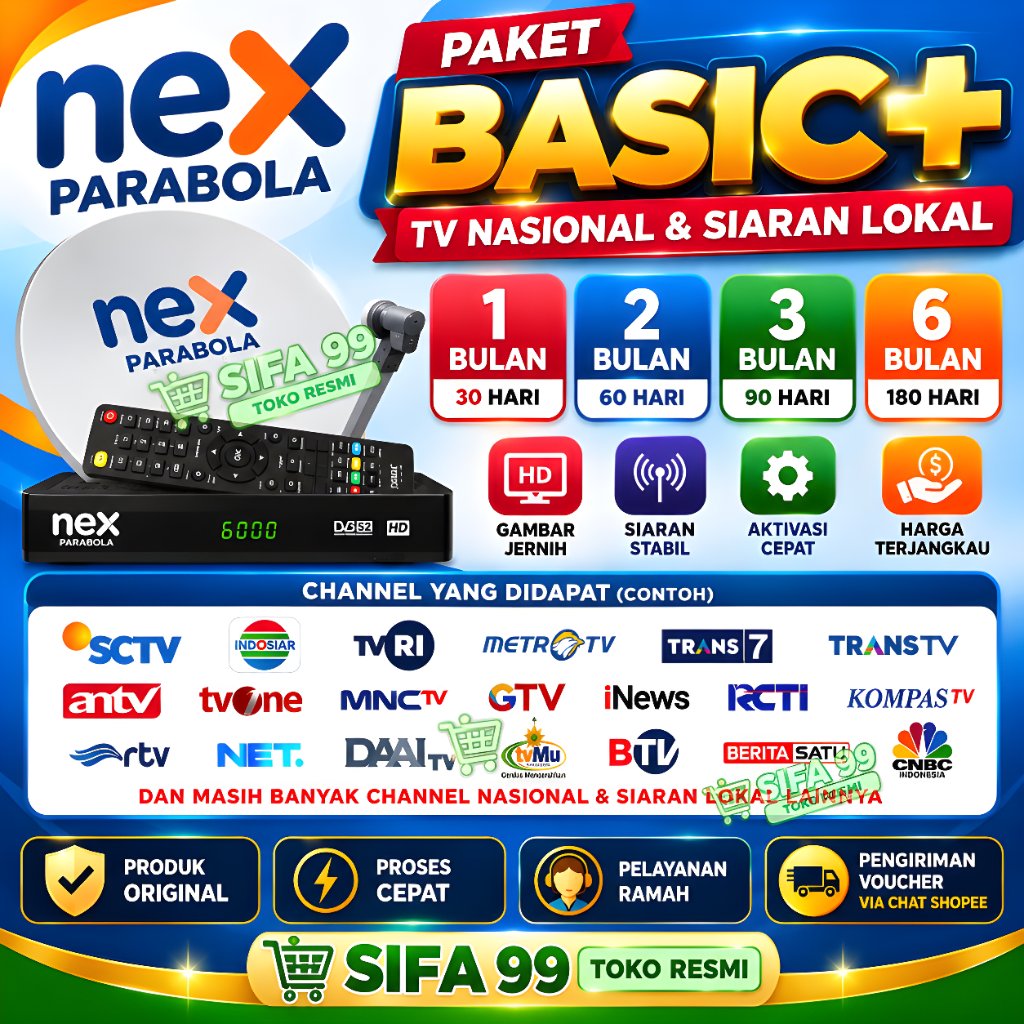 PAKET BASIC NEX PARABOLA 30 HARI / 1BULAN | TV NASIONAL & SIARAN LOKAL | AKTIVASI CEPAT | PAKET TV D