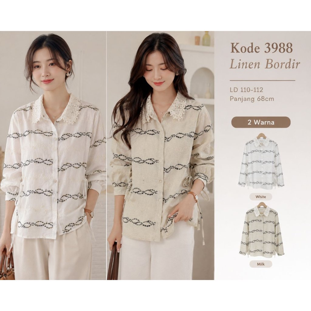 Blus Wanita Linen Bordir Kode 3988 LD 110-112 Panjang 68cm Lengan Panjang Putih