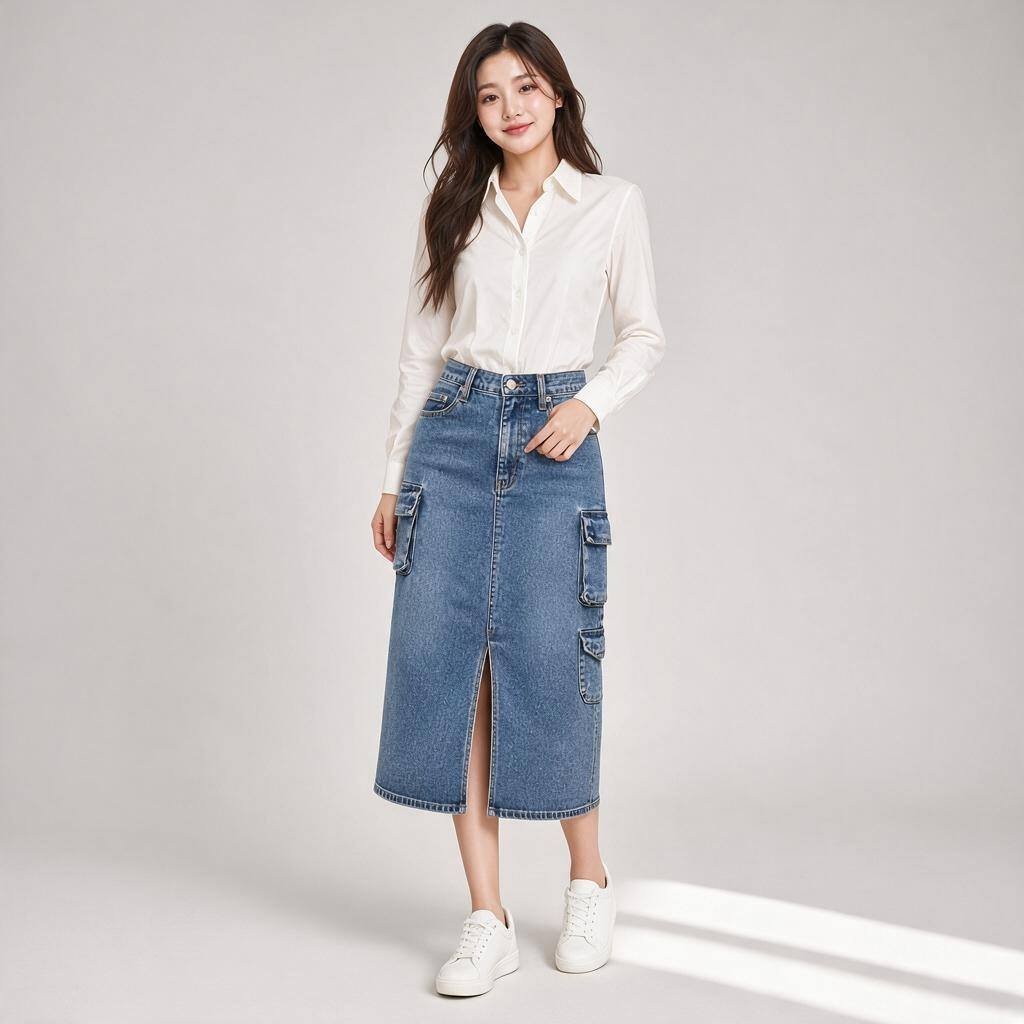 Rok Jeans Panjang Wanita Model Cargo - Denim Midi Skirt Saku Tempel
