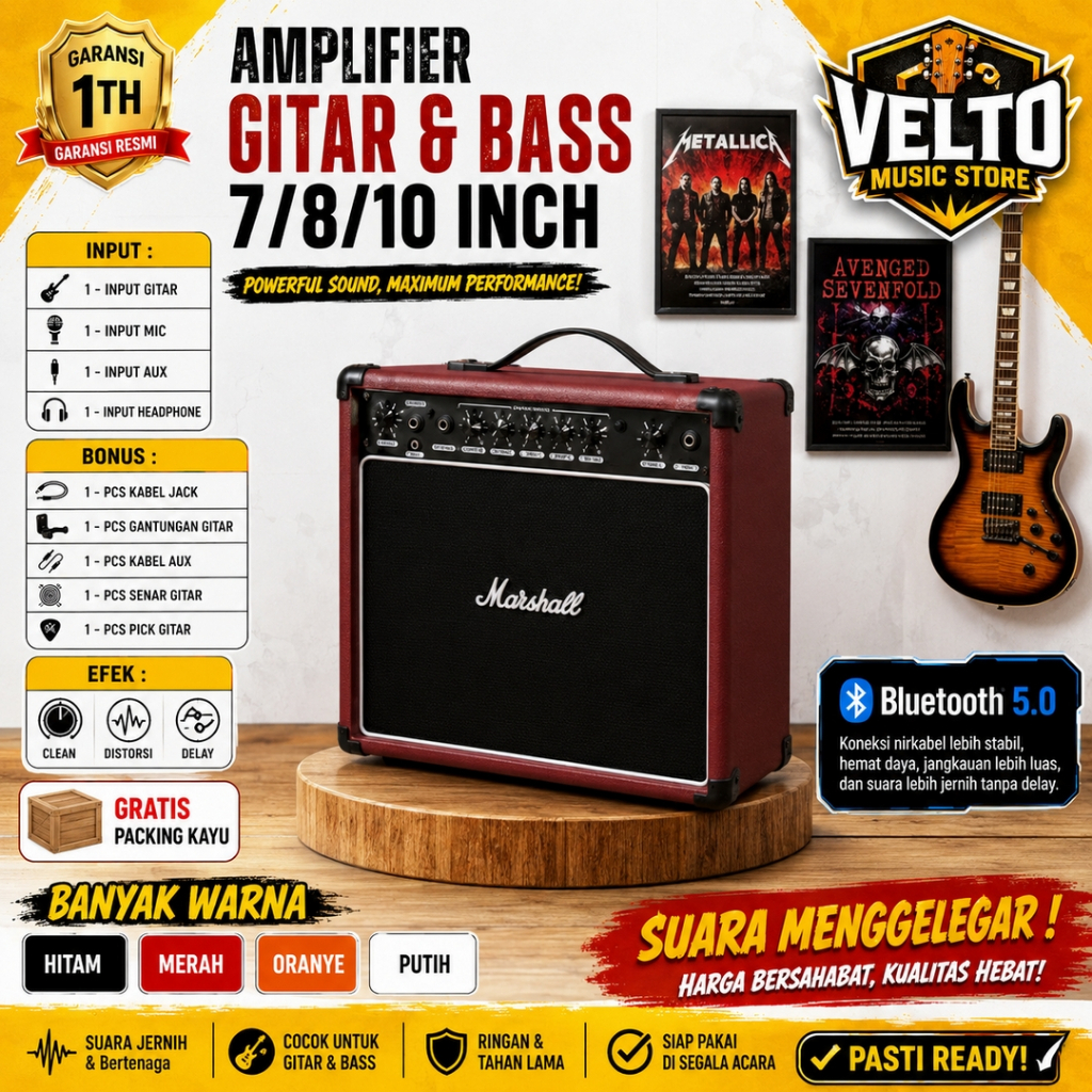 ampli gitar & bass 10/8/7 inch bluetooth 5.0 3 Input marshall with efek distorsi & delay merah