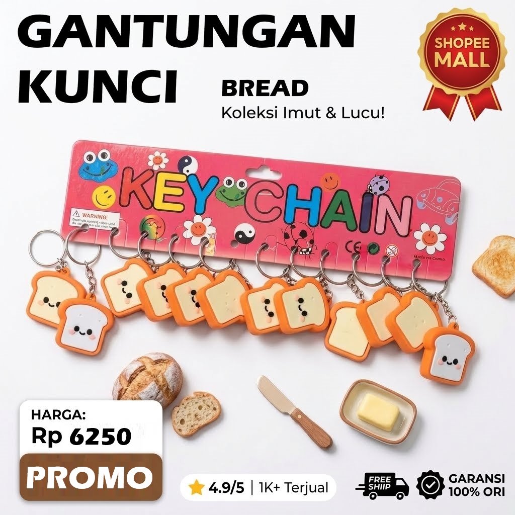 KEYCHAIN + ROTI Kering / Unik / Bread / kunci motor tas Mobil Miniature Box Key chain or Necklace mi