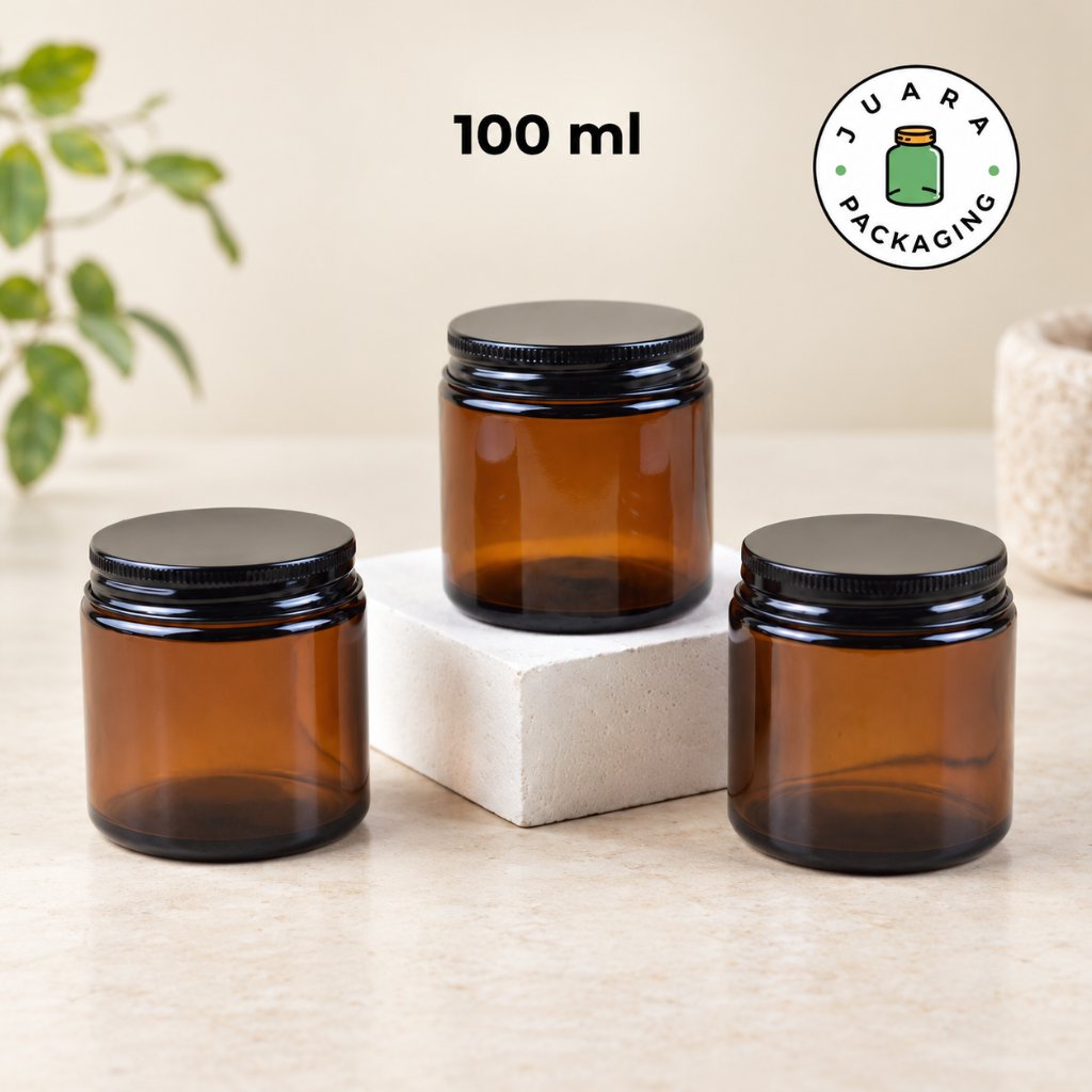Toples Pomade Kaca Amber 100gram Tutup Aluminium Hitam – Jar Kaca Coklat Tebal untuk Lilin Aromatera