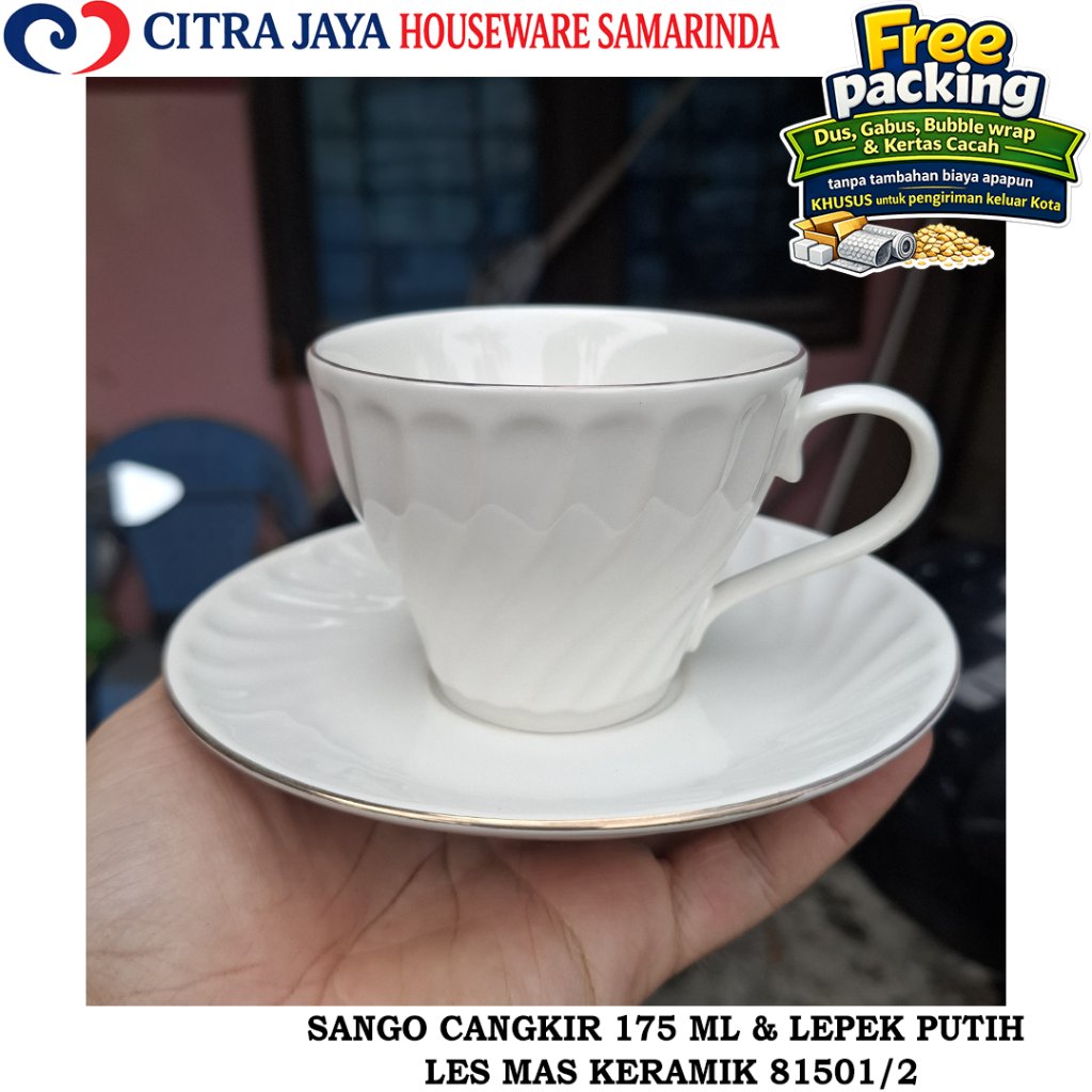 Cangkir ULIR 175 ML & LEPEK (PERKOTAK ISI 6 PCS) SANGO 81501/2 PUTIH LES MAS KERAMIK