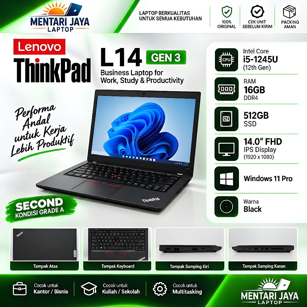 Laptop Slim Lenovo Thinkpad L14 I5 Vpro 1245U RAM 32GB | 1TB SSD FHD IPS Windows 11 Pro