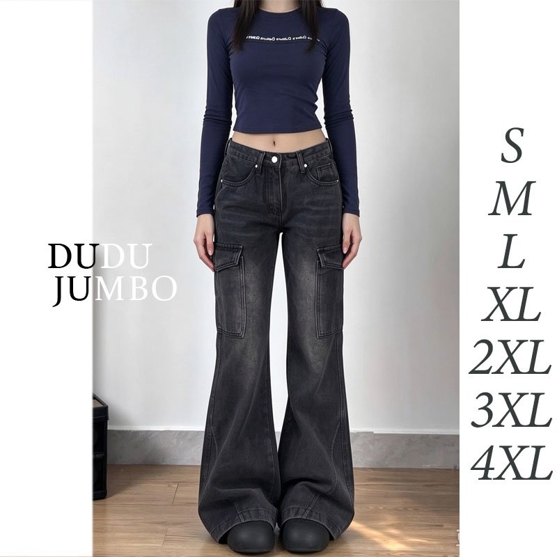 CelanaJeans Cewek Cargo Panjang Denim Abu Abu Kekinian Korean Style