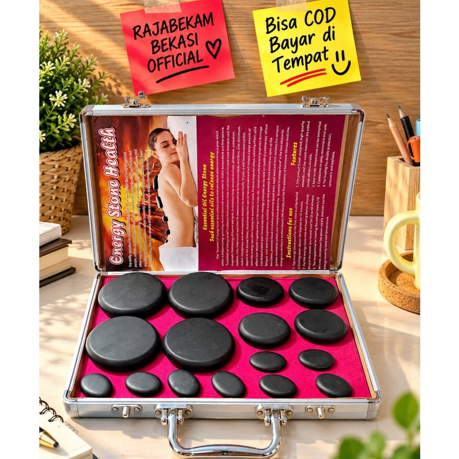Batu Pijat Spa 16PCS Set Dengan Box Pemanas Batu Panas Untuk Relaksasi Kesehatan