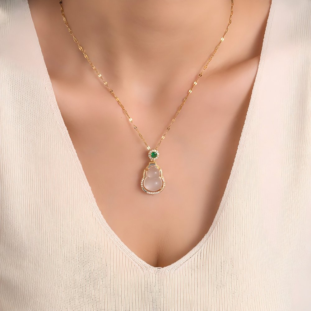 [COD]Kalung Labu Giok Putih Zircon Hijau Emas, Kalung Wanita