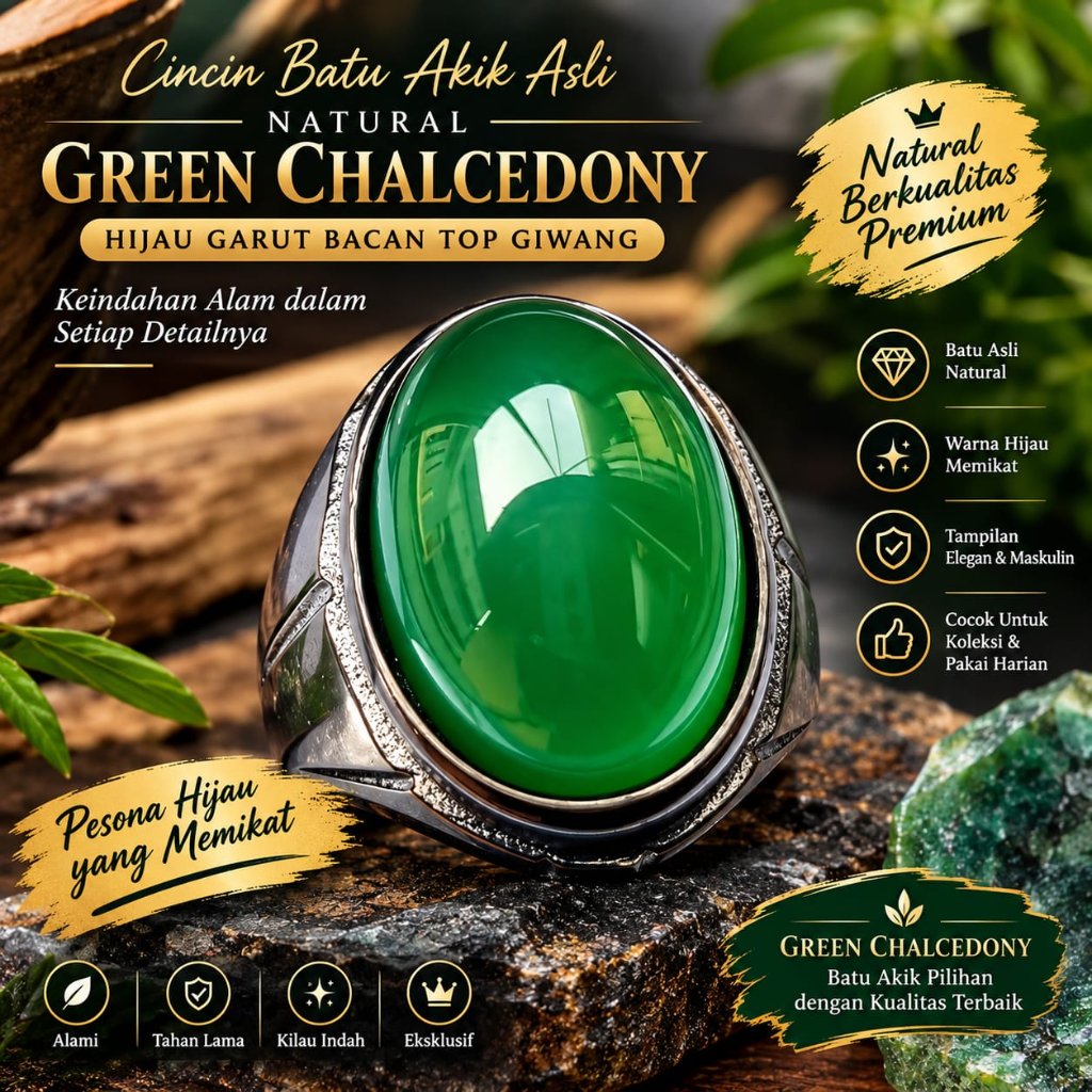 Cincin Batu Akik Asli Natural Green Chalcedony Hijau Garut Bacan Top Giwang Super Mewah
