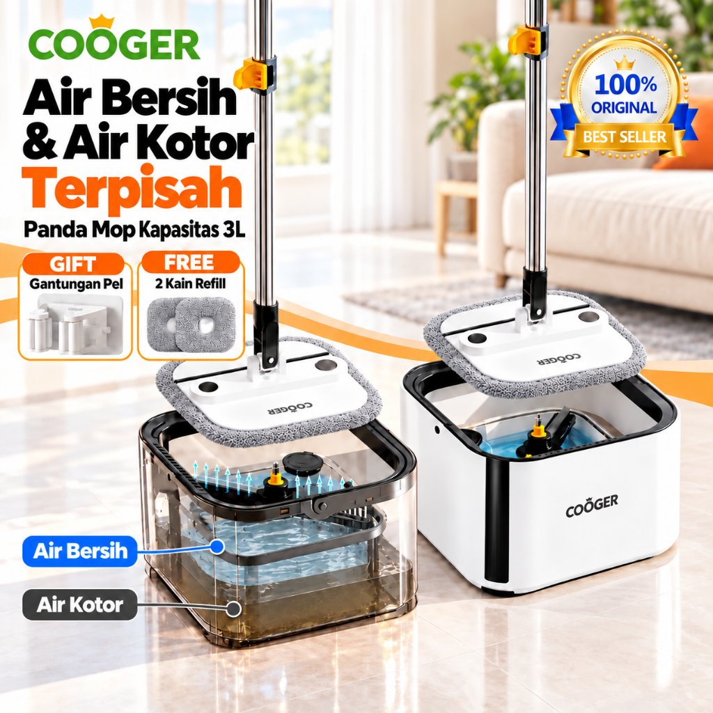 freemir x COOGER Alat Pel Lantai Peras Otomatis Panda Mop Series 3Liter Dengan Ember Air Kotor Bersi