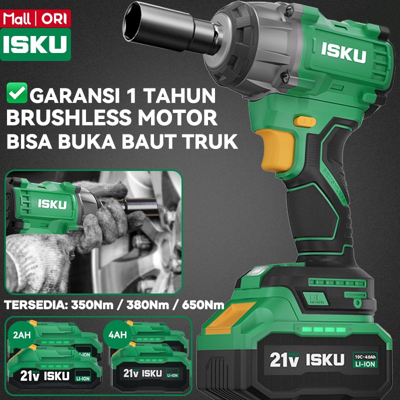 ISKU Cordless Impact Wrench Brushless Baterai 21V 350Nm 380Nm 650Nm Mesin Buka Baut Roda Mobil Truk 