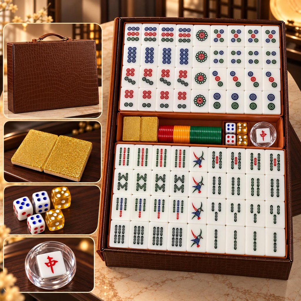 Mahjong Set Premium Jumbo 42mm Koper Kulit Mewah 144 Tiles Lengkap Dadu Koin